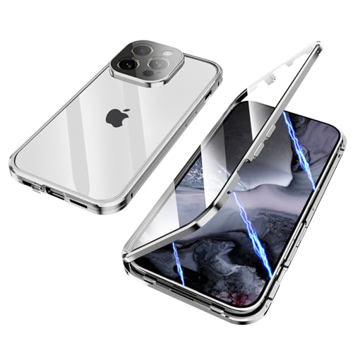 ksscaly Hülle für iPhone 15 Pro, 360 Grad Schutz Case mit Safty Lock Magnetische Adsorption Metallrahmen Cover Vorder und Rückseite Gehärtetes Glas Handyhülle für iPhone 15 Pro (Silber) von ksscaly