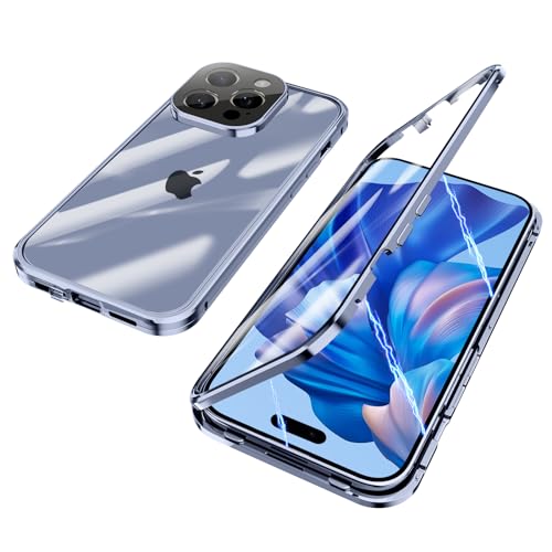 ksscaly Hülle für iPhone 15 Pro Max, 360 Grad Schutz Case mit Safty Lock Magnetische Adsorption Metallrahmen Cover Vorder und Rückseite Gehärtetes Glas Handyhülle für iPhone 15 Pro Max (Blau) von ksscaly