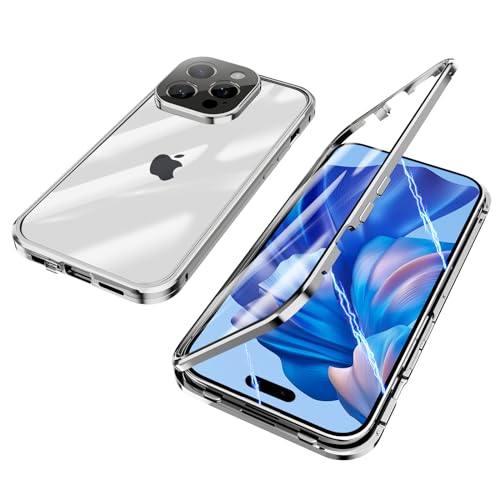 ksscaly Hülle für iPhone 15 Pro Max, 360 Grad Schutz Case mit Safty Lock Magnetische Adsorption Metallrahmen Cover Vorder und Rückseite Gehärtetes Glas Handyhülle für iPhone 15 Pro Max (Silber) von ksscaly