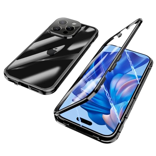 ksscaly Hülle für iPhone 15 Pro Max, 360 Grad Schutz Case mit Safty Lock Magnetische Adsorption Metallrahmen Cover Vorder und Rückseite Gehärtetes Glas Handyhülle für iPhone 15 Pro Max (Schwarz) von ksscaly