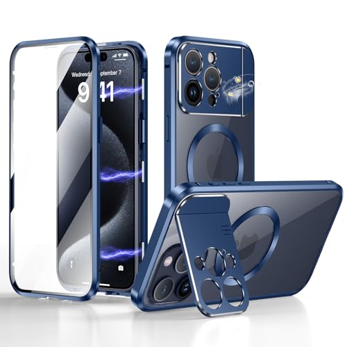 ksscaly Hülle für iPhone 15 Pro Max mit Kamera Unsichtbarem Ständer/Halter [Kompatibel mit Magsafe] 360 Grad Vorne und Rückseite Schutz Case Magnetische Adsorption Metallrahmen Handyhülle (Blau) von ksscaly