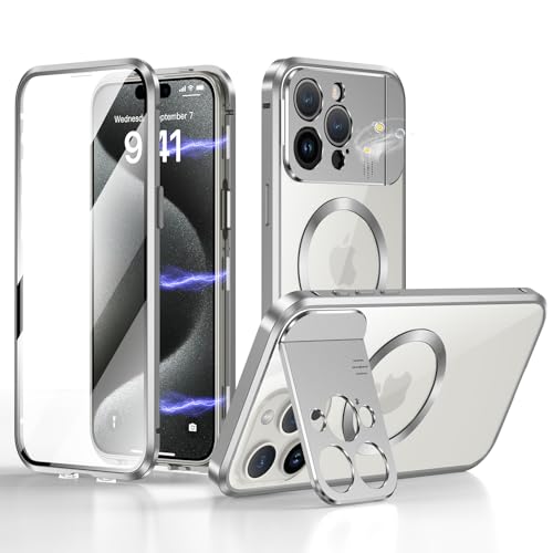 ksscaly Hülle für iPhone 15 Pro Max mit Kamera Unsichtbarem Ständer/Halter [Kompatibel mit Magsafe] 360 Grad Vorne und Rückseite Schutz Case Magnetische Adsorption Metallrahmen Handyhülle (Silber) von ksscaly