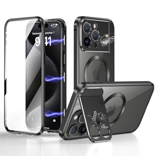 ksscaly Hülle für iPhone 15 Pro Max mit Kamera Unsichtbarem Ständer/Halter [Kompatibel mit Magsafe] 360 Grad Vorne und Rückseite Schutz Case Magnetische Adsorption Metallrahmen Handyhülle (Schwarz) von ksscaly