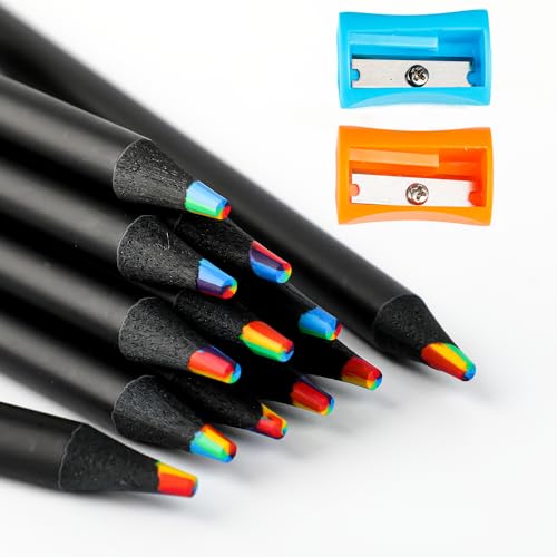 ktxaby 12 Stück Regenbogenstifte, Mehrfarbiger Bleistift, 7-in-1 Schwarzer Holzregenbogenfarbstift Set mit 2 Spitzern, Ideal für Kunst, Zeichnen, Ausmalen und Skizzieren von ktxaby