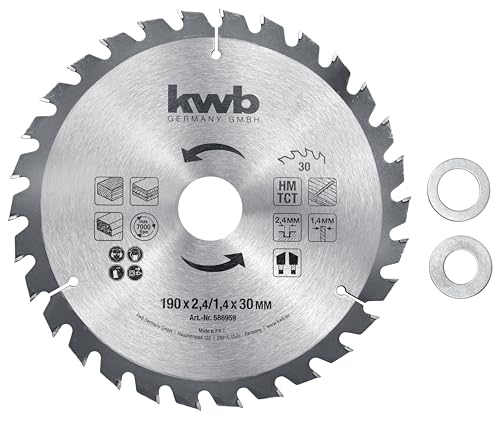 kwb Kreissägeblatt Ø 190 x 30 mm (Hartmetall bestückt, positive Zahnstellung, für Handkreissägen, Baukreissägen, Tischkreissägen, geeignet für Holz und Plattenmaterial) von kwb