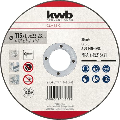 kwb Trennscheibe 115 mm x 1,0 mm (Extra dünn, Edelstahl und Stahl, saubere und hochwertige Schnitte, max. 80 m/s, Scheibenaufnahme 22,23 mm) von kwb