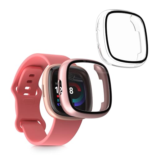 kwmobile 2X Cover kompatibel mit Fitbit Versa 4 / Sense 2 Hülle - Fullbody Fitnesstracker Case Set aus Glas - Transparent Altrosa von kwmobile
