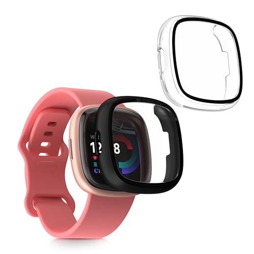 kwmobile 2X Cover kompatibel mit Fitbit Versa 4 / Sense 2 Hülle - Fullbody Fitnesstracker Case Set aus Glas - Transparent Schwarz von kwmobile