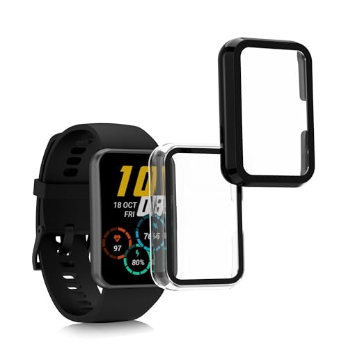 kwmobile 2X Cover kompatibel mit Huawei Watch Fit 2 Hülle - Fullbody Fitnesstracker Case Set aus Glas - Transparent Schwarz von kwmobile