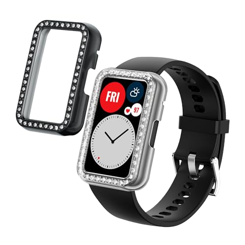 kwmobile 2X Kunststoff Hülle kompatibel mit Huawei Watch Fit Schutzhülle Schutzrahmen - Glitzer Schutz Zubehör in Transparent Schwarz von kwmobile