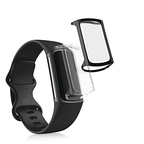 kwmobile 2X Schutzhülle kompatibel mit Fitbit Charge 6 / Charge 5 Hülle - Fullbody Cover Set aus Silikon - Transparent Schwarz von kwmobile