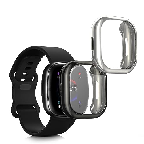 kwmobile 2X Schutzhülle kompatibel mit Fitbit Versa 4 / Sense 2 Hülle - Fullbody Cover Set aus Silikon - Schwarz Silber kwmobile 2X Schutzhülle kompatibel mit Fitbit Versa 4 / Sense 2 Hülle - Fullbody Cover Set aus Silikon - Schwarz Silber von kwmobile