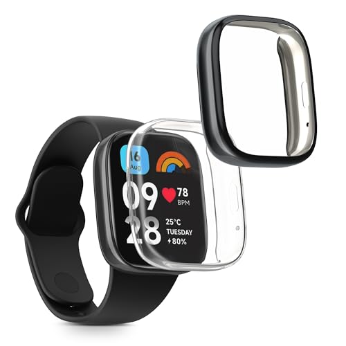 kwmobile 2X Schutzhülle kompatibel mit Xiaomi Redmi Watch 3 Active Hülle - Fullbody Cover Set aus Silikon - Transparent Schwarz von kwmobile