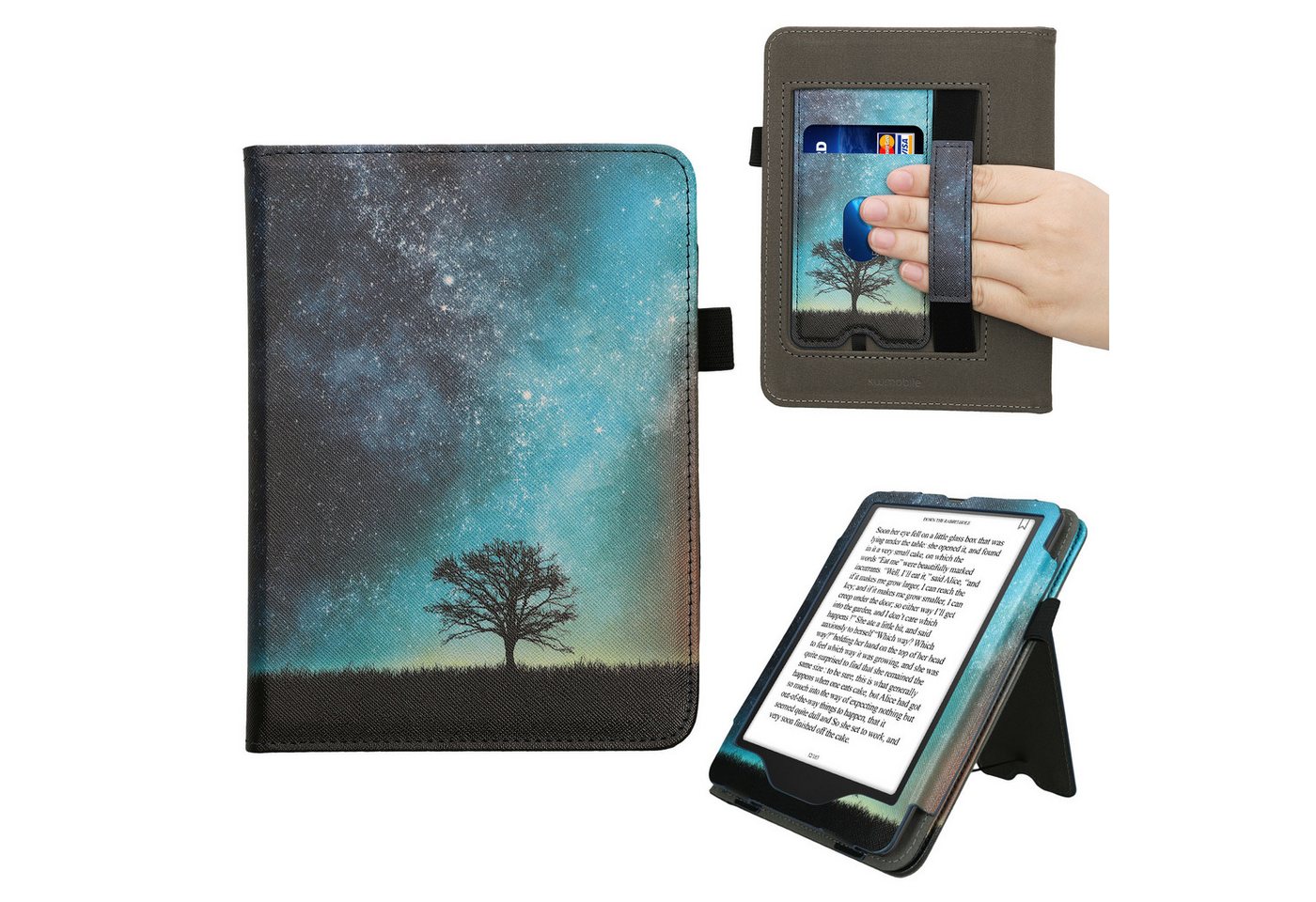 kwmobile E-Reader-Hülle Flip Schutzhülle für Amazon Kindle Paperwhite (2024)/Colorsoft, Handschlaufe - Cover Galaxie Baum Wiese Design von kwmobile