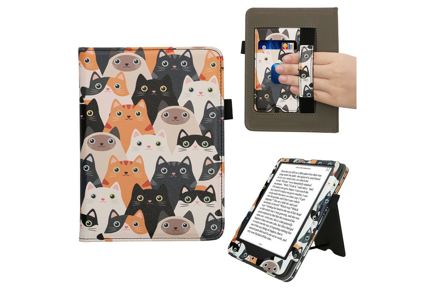 kwmobile E-Reader-Hülle Flip Schutzhülle für Amazon Kindle Paperwhite (2024)/Colorsoft, Handschlaufe - Cover Katzen Design von kwmobile