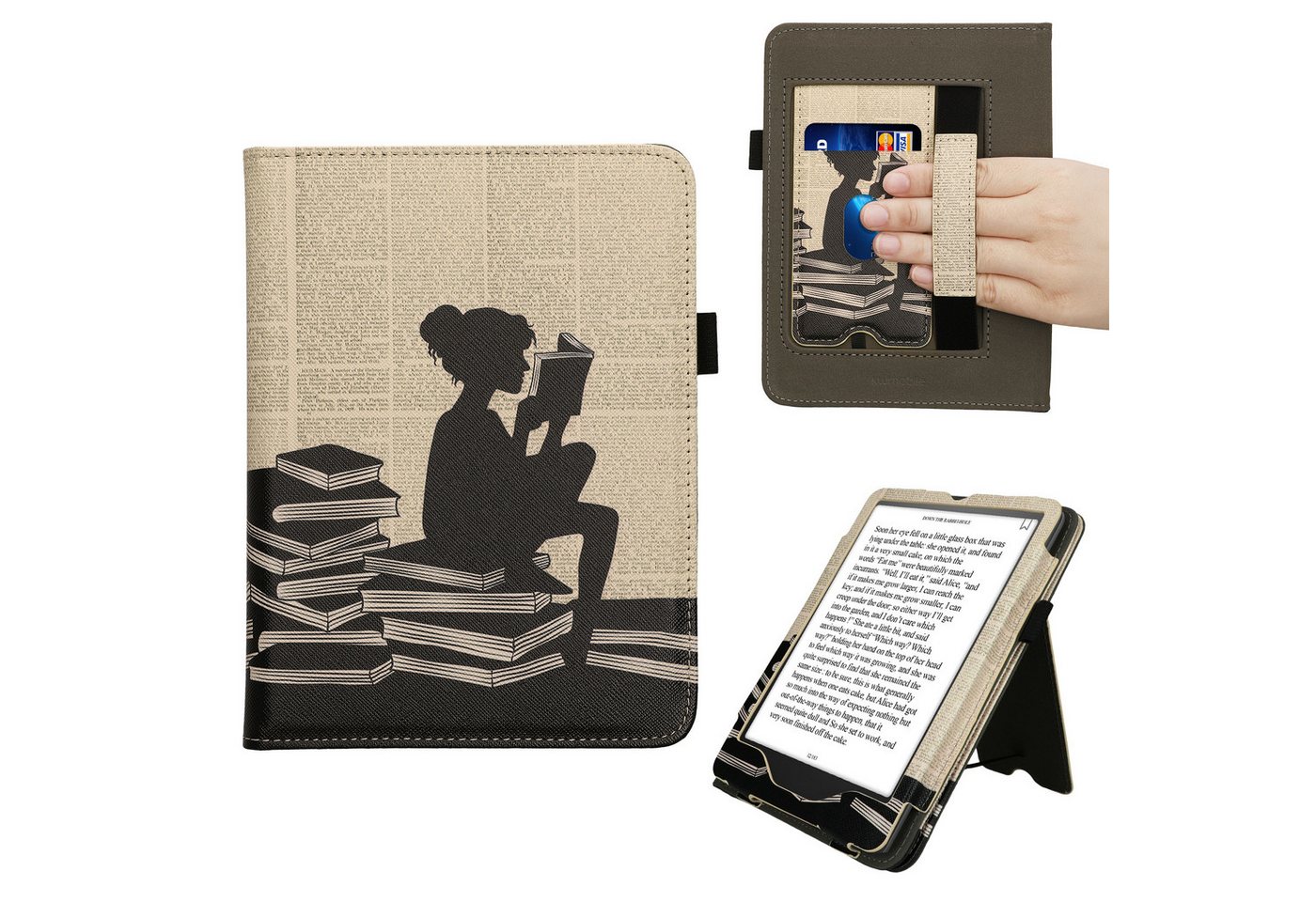 kwmobile E-Reader-Hülle Flip Schutzhülle für Amazon Kindle Paperwhite (2024)/Colorsoft, Handschlaufe - Cover Lesende Frau Design von kwmobile