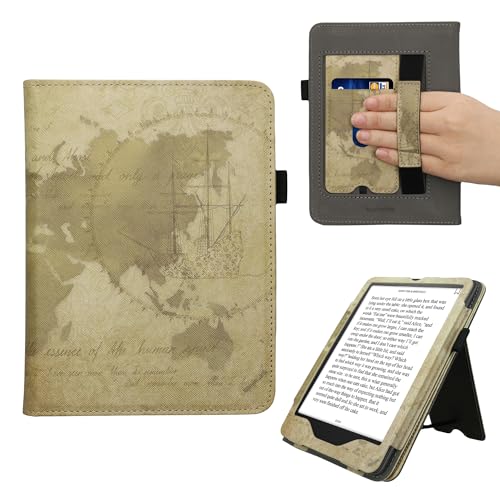 kwmobile Flip Cover kompatibel mit Amazon Kindle Paperwhite (2024)/Colorsoft - Hülle mit Handschlaufe Travel Vintage Braun Hellbraun von kwmobile