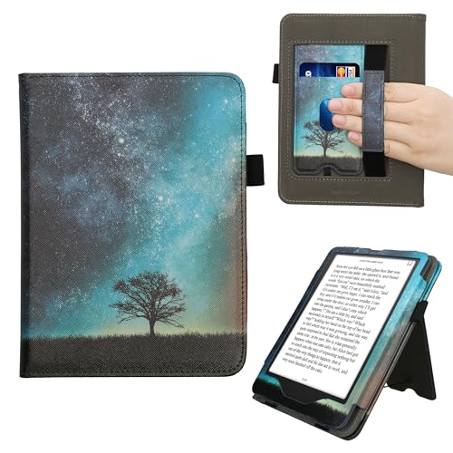 kwmobile Flip Cover kompatibel mit Amazon Kindle Paperwhite (2024)/Colorsoft - Hülle mit Handschlaufe Galaxie Baum Wiese Blau Grau Schwarz von kwmobile