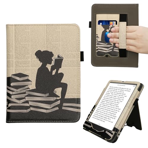 kwmobile Flip Cover kompatibel mit Amazon Kindle Paperwhite (2024)/Colorsoft - Hülle mit Handschlaufe Lesende Frau Schwarz Beige von kwmobile