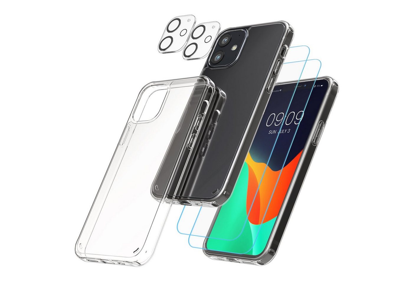 kwmobile Handyhülle 5in1 Set Handyhülle für Apple iPhone 12 Hülle, 1x stoßsichere Schutzhülle 2x Schutzglas Display 2x Kamerschutz Glas von kwmobile
