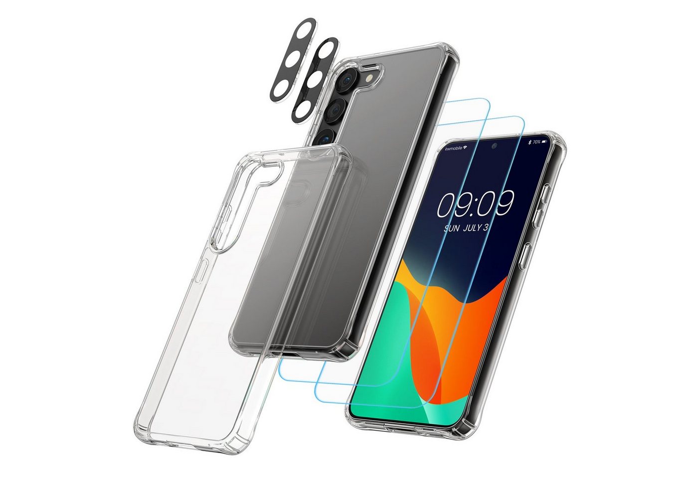 kwmobile Handyhülle 5in1 Set Handyhülle für Samsung Galaxy S23 Plus Hülle, 1x stoßsichere Schutzhülle 2x Schutzglas Display 2x Kamerschutz Glas von kwmobile