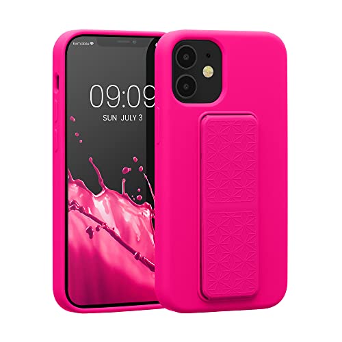 kwmobile Handyhülle kompatibel mit Apple iPhone 12 Mini - Hülle mit Fingerhalter und Standfunktion - Silikon Case Handy Cover in Neon Pink von kwmobile