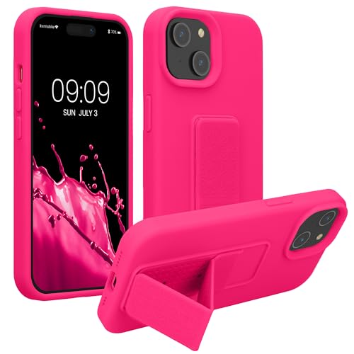 kwmobile Handyhülle kompatibel mit iPhone 15 - Hülle mit Fingerhalter und Standfunktion - Silikon Case Handy Cover in Neon Pink von kwmobile