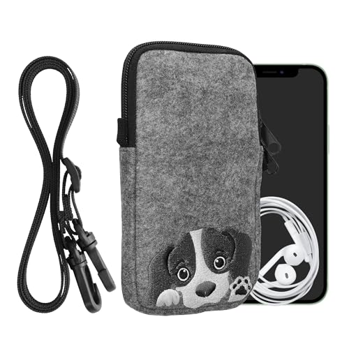 kwmobile Handytasche für Smartphones L - 6,5" - Filz Handy Hülle Grau Schwarz - Handy Tasche mit Kette 16,5 x 8,9 cm Innenmaße - Neugieriger Hund von kwmobile