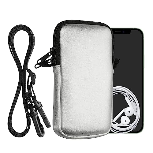 kwmobile Handytasche für Smartphones L - 6,5" - Neopren Handy Hülle Metallic Silber mit Kordel - Handy Tasche mit Handykette 16,5 x 8,9 cm Innenmaße von kwmobile