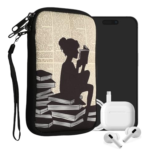 kwmobile Handytasche für Smartphones L - 6,5" - Neopren Handy Tasche Hülle Cover Case Schutzhülle - Lesende Frau Schwarz Beige - 16,5 x 8,9 cm Innenmaße von kwmobile