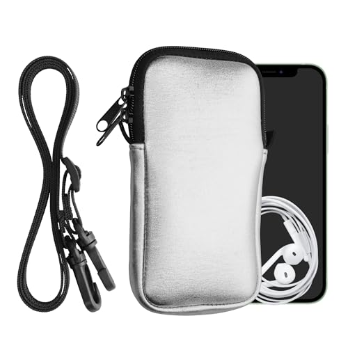 kwmobile Handytasche für Smartphones M - 5,5" - Neopren Handy Hülle Metallic Silber mit Kordel - Handy Tasche mit Handykette 15,2 x 8,3 cm Innenmaße von kwmobile