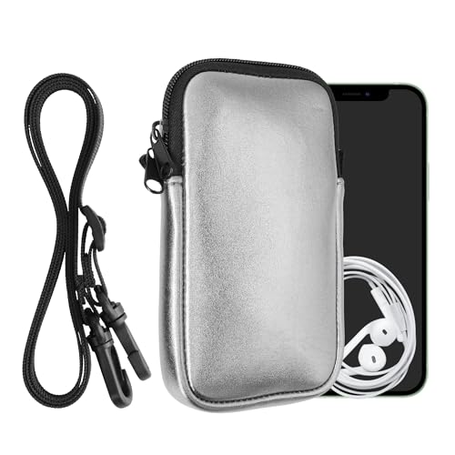 kwmobile Handytasche für Smartphones XL - 6,7/6,8" - Neopren Handy Hülle Metallic Grau mit Kordel - Handy Tasche mit Handykette 17,2 x 8,4 cm Innenmaße von kwmobile