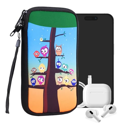 kwmobile Handytasche für Smartphones XL - 6,7/6,8" - Neopren Handy Tasche Hülle Cover Case Schutzhülle - Eule Baum Mehrfarbig Blau Braun - 17,2 x 8,4 cm Innenmaße von kwmobile