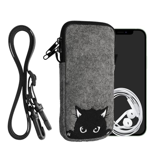 kwmobile Handytasche für Smartphones XXL - 7" - Filz Handy Hülle Grau Schwarz - Handy Tasche mit Kette 17,7 x 8,5 cm Innenmaße - Neugierige Katze von kwmobile