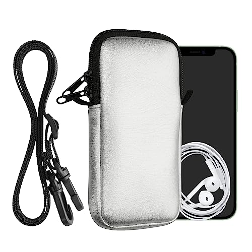 kwmobile Handytasche für Smartphones XXL - 7" - Neopren Handy Hülle Metallic Silber mit Kordel - Handy Tasche mit Handykette 17,7 x 8,5 cm Innenmaße von kwmobile