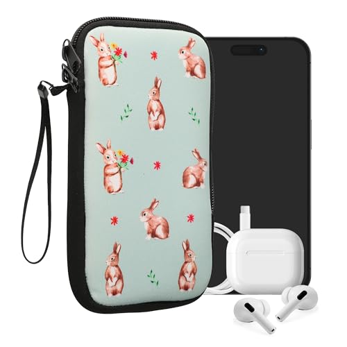 kwmobile Handytasche für Smartphones XXL - 7" - Neopren Handy Tasche Hülle Cover Case Schutzhülle - Hasen und Blumen Weiß Braun Graugrün - 17,7 x 8,5 cm Innenmaße von kwmobile