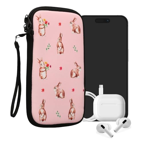 kwmobile Handytasche für Smartphones XXL - 7" - Neopren Handy Tasche Hülle Cover Case Schutzhülle - Hasen und Blumen Weiß Braun Hellrosa - 17,7 x 8,5 cm Innenmaße von kwmobile