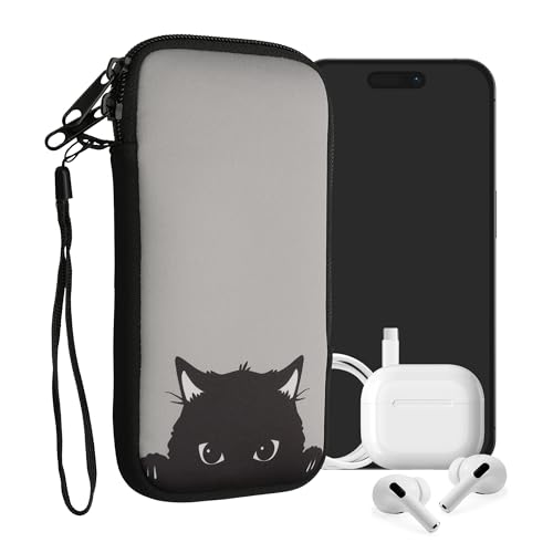 kwmobile Handytasche für Smartphones XXL - 7" - Neopren Handy Tasche Hülle Cover Case Schutzhülle - Neugierige Katze Grau Schwarz - 17,7 x 8,5 cm Innenmaße von kwmobile
