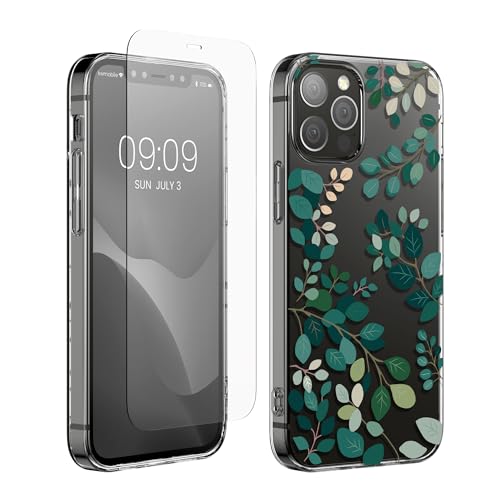 kwmobile Hülle kompatibel mit Apple iPhone 12 / iPhone 12 Pro Handyhülle - Silikon Case transparent - Mit Glas Schutzfolie - Frühlingsblätter Grün Transparent von kwmobile