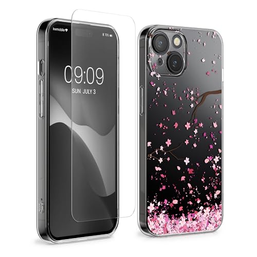 kwmobile Hülle kompatibel mit Apple iPhone 15 Handyhülle - Silikon Case transparent - Mit Glas Schutzfolie - Kirschblütenblätter Rosa Dunkelbraun Transparent kwmobile Hülle kompatibel mit Apple iPhone 15 Handyhülle - Silikon Case transparent - Mit Glas Schutzfolie - Kirschblütenblätter Rosa Dunkelbraun Transparent von kwmobile