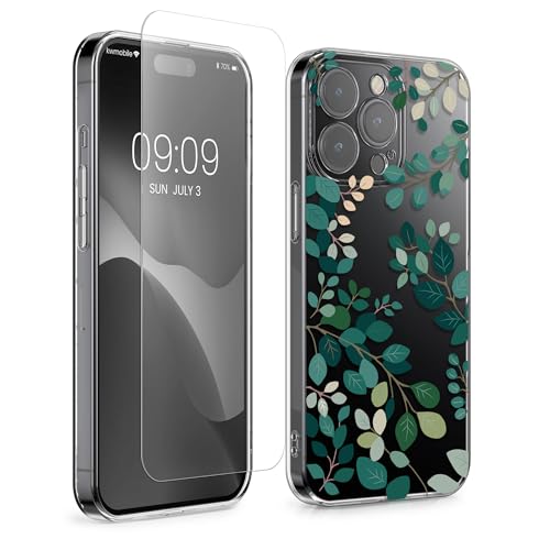 kwmobile Hülle kompatibel mit Apple iPhone 15 Pro Max Handyhülle - Silikon Case transparent - Mit Glas Schutzfolie - Frühlingsblätter Grün Transparent kwmobile Hülle kompatibel mit Apple iPhone 15 Pro Max Handyhülle - Silikon Case transparent - Mit Glas Schutzfolie - Frühlingsblätter Grün Transparent von kwmobile