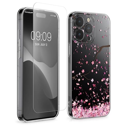 kwmobile Hülle kompatibel mit Apple iPhone 15 Pro Max Handyhülle - Silikon Case transparent - Mit Glas Schutzfolie - Kirschblütenblätter Rosa Dunkelbraun Transparent kwmobile Hülle kompatibel mit Apple iPhone 15 Pro Max Handyhülle - Silikon Case transparent - Mit Glas Schutzfolie - Kirschblütenblätter Rosa Dunkelbraun Transparent von kwmobile