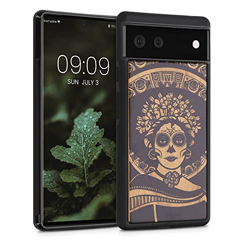 kwmobile Hülle kompatibel mit Google Pixel 6 Hülle - Holz Case - Handy Cover - TPU Handyhülle in Hellbraun Schwarz La Catrina von kwmobile