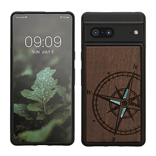 kwmobile Hülle kompatibel mit Google Pixel 7 Hülle - Holz Case - Handy Cover - TPU Handyhülle in Dunkelbraun Vintage Kompass mit Perlmutt von kwmobile