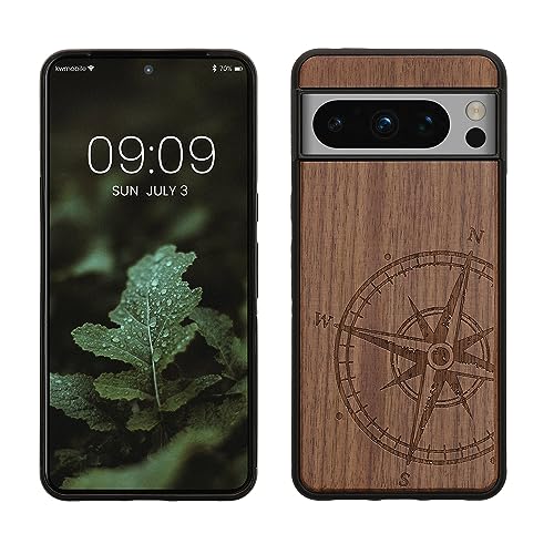 kwmobile Hülle kompatibel mit Google Pixel 8 Pro Hülle - Holz Case - Handy Cover - TPU Handyhülle in Dunkelbraun Kompass Vintage von kwmobile