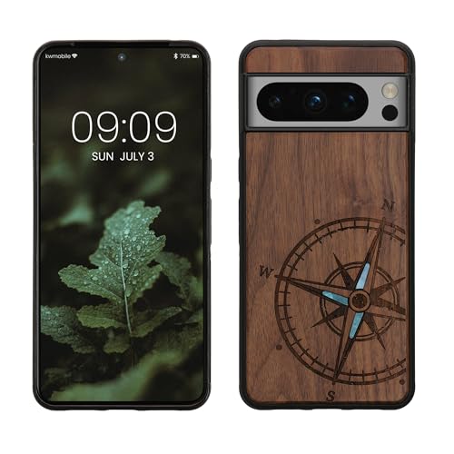 kwmobile Hülle kompatibel mit Google Pixel 8 Pro Hülle - Holz Case - Handy Cover - TPU Handyhülle in Dunkelbraun Vintage Kompass mit Perlmutt von kwmobile