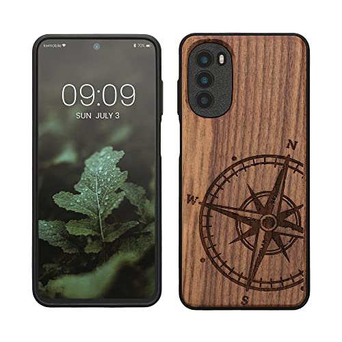 kwmobile Hülle kompatibel mit Motorola Moto G52 / Moto G82 5G Hülle - Holz Case - Handy Cover - TPU Handyhülle in Dunkelbraun Kompass Vintage von kwmobile