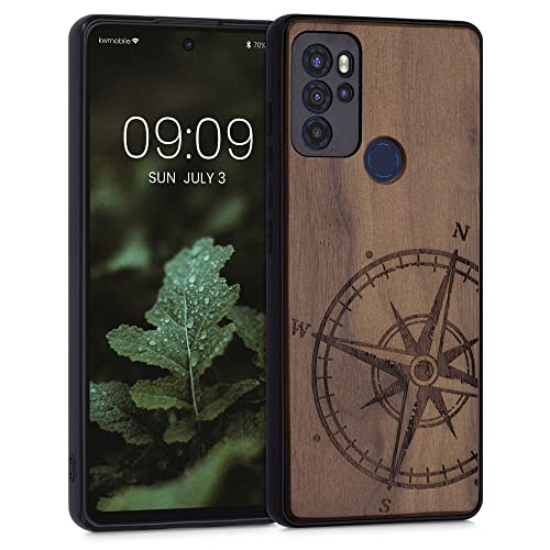 kwmobile Hülle kompatibel mit Motorola Moto G60S Hülle - Holz Case - Handy Cover - TPU Handyhülle in Dunkelbraun Kompass Vintage von kwmobile