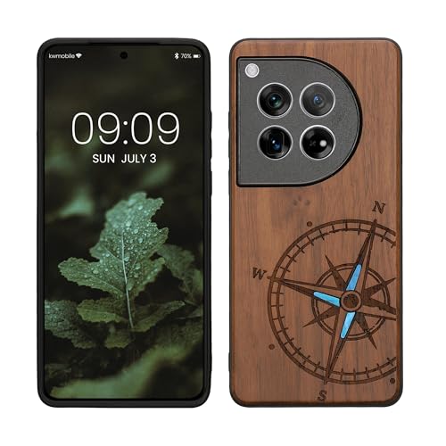 kwmobile Hülle kompatibel mit OnePlus 12 Hülle - Holz Case - Handy Cover - TPU Handyhülle in Dunkelbraun Vintage Kompass mit Perlmutt von kwmobile