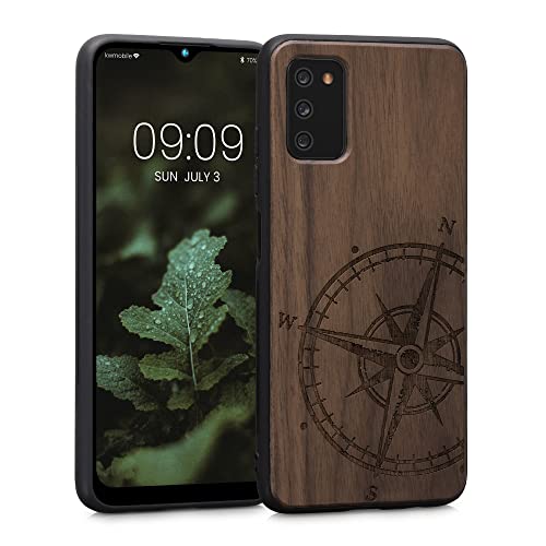 kwmobile Hülle kompatibel mit Samsung Galaxy A03s Hülle - Holz Case - Handy Cover - TPU Handyhülle in Dunkelbraun Kompass Vintage von kwmobile